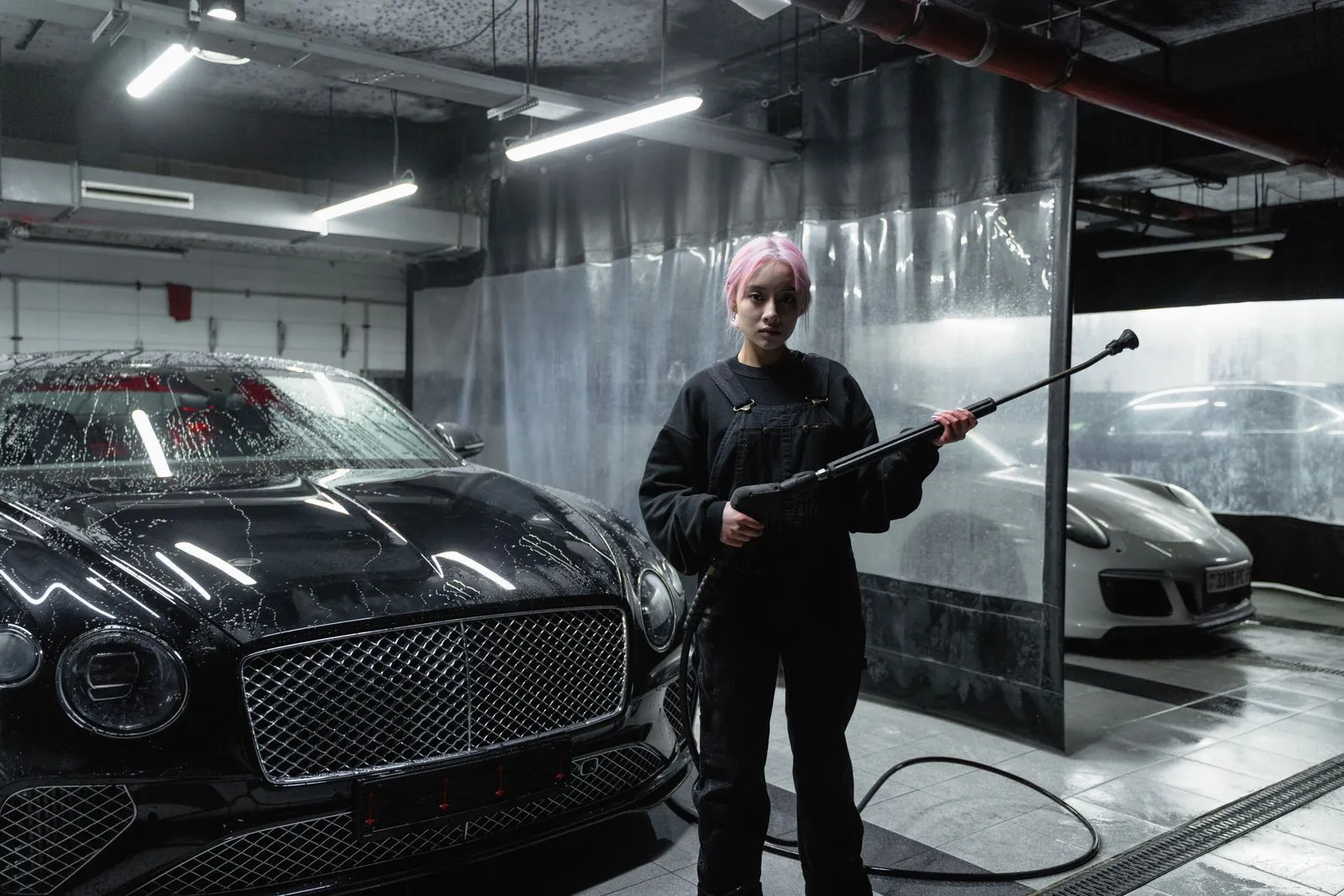 A woman with pink hair uses a pressure washer on a luxury car in an indoor garage setting.